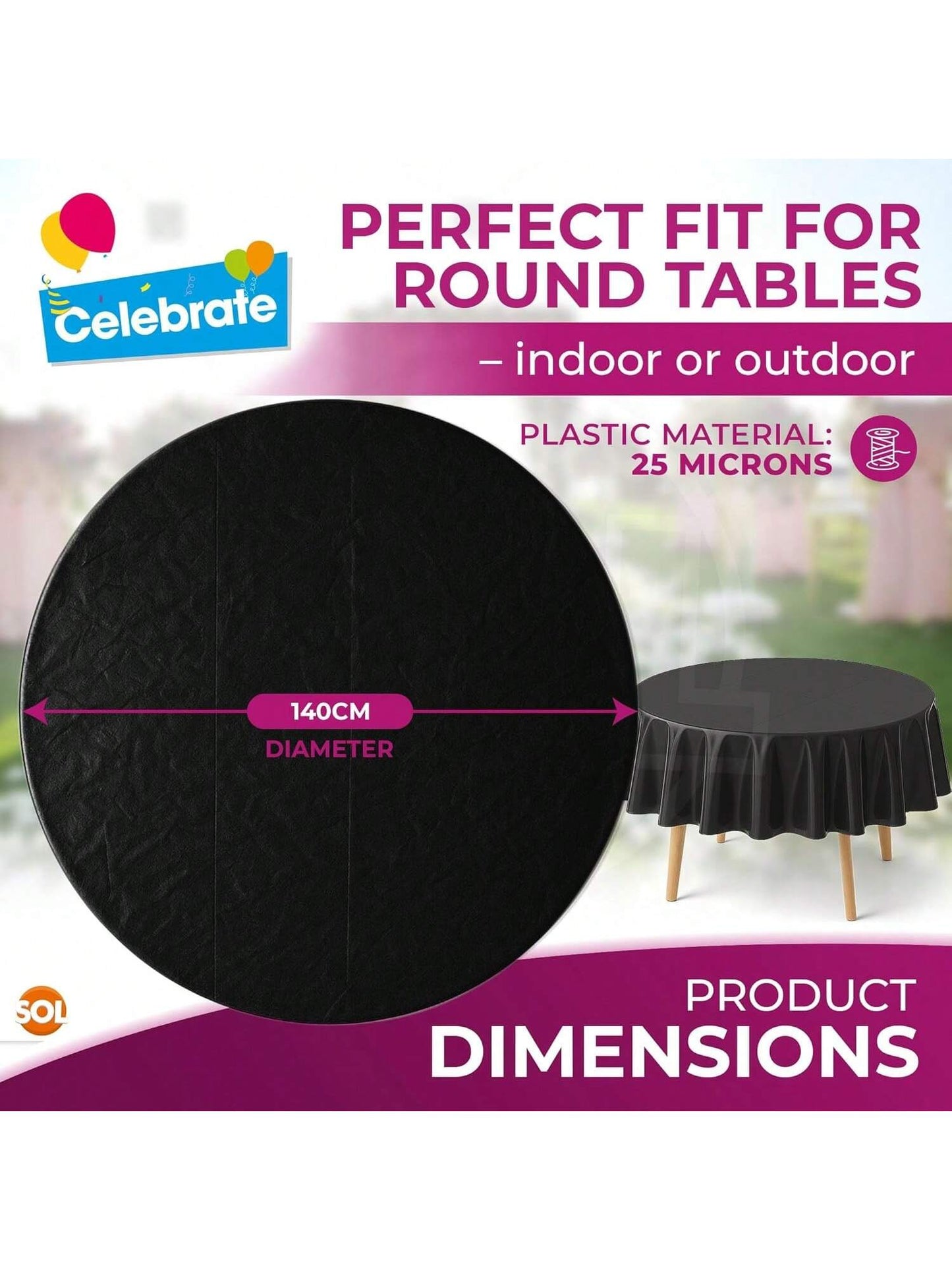 SOL 6pk Black Round Table Cloth Disposable 140cm Party Tablecloths For Circular Table - Durable Spill Protection - Perfect For Weddings, Buffets, Catering, Restaurants & Outdoor Events