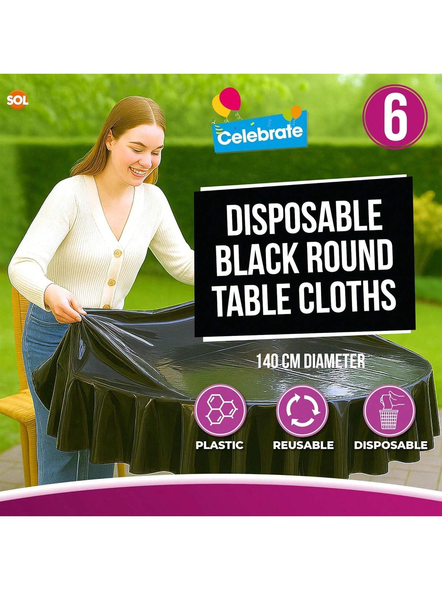 SOL 6pk Black Round Table Cloth Disposable 140cm Party Tablecloths For Circular Table - Durable Spill Protection - Perfect For Weddings, Buffets, Catering, Restaurants & Outdoor Events