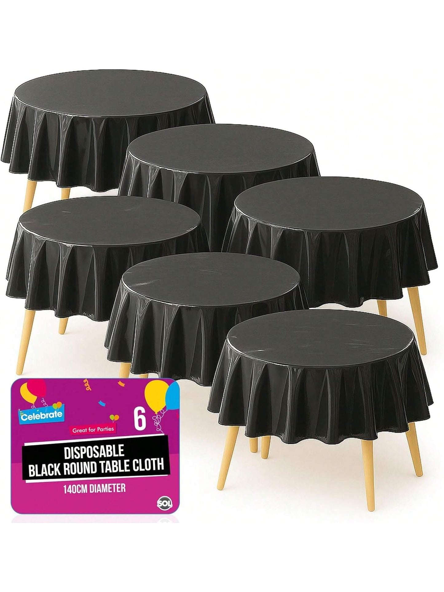 SOL 6pk Black Round Table Cloth Disposable 140cm Party Tablecloths For Circular Table - Durable Spill Protection - Perfect For Weddings, Buffets, Catering, Restaurants & Outdoor Events