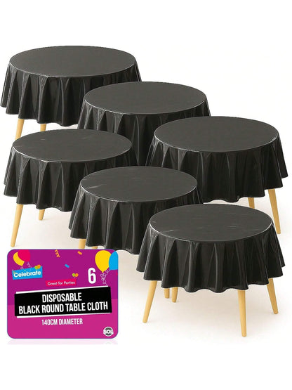 SOL 6pk Black Round Table Cloth Disposable 140cm Party Tablecloths For Circular Table - Durable Spill Protection - Perfect For Weddings, Buffets, Catering, Restaurants & Outdoor Events