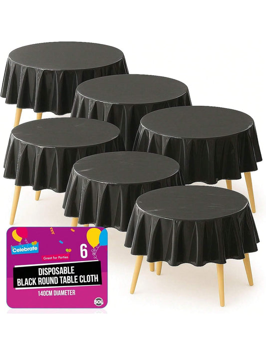 SOL 6pk Black Round Table Cloth Disposable 140cm Party Tablecloths For Circular Table - Durable Spill Protection - Perfect For Weddings, Buffets, Catering, Restaurants & Outdoor Events