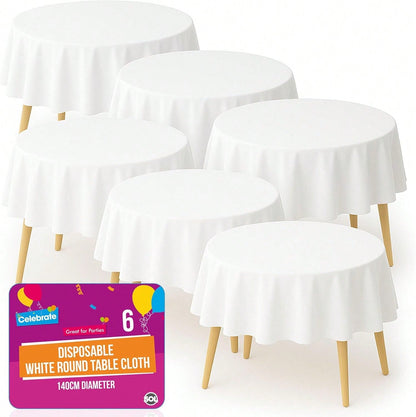 SOL 6pk White Round Table Cloth Disposable 140cm Party Tablecloths For Circular Table Cover - Durable Spill Protection - Perfect For Weddings, Buffets, Catering, Restaurants & Outdoor Events