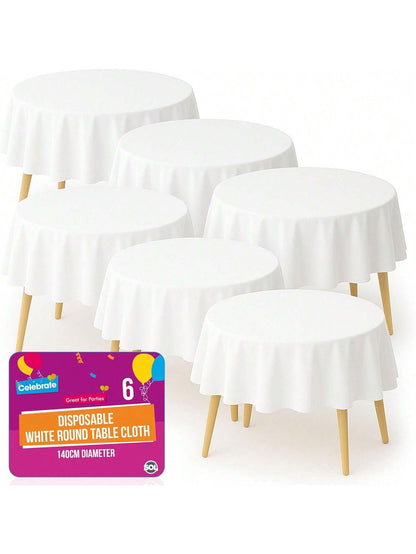 SOL 6pk White Round Table Cloth Disposable 140cm Party Tablecloths For Circular Table Cover - Durable Spill Protection - Perfect For Weddings, Buffets, Catering, Restaurants & Outdoor Events