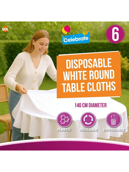 SOL 6pk White Round Table Cloth Disposable 140cm Party Tablecloths For Circular Table Cover - Durable Spill Protection - Perfect For Weddings, Buffets, Catering, Restaurants & Outdoor Events