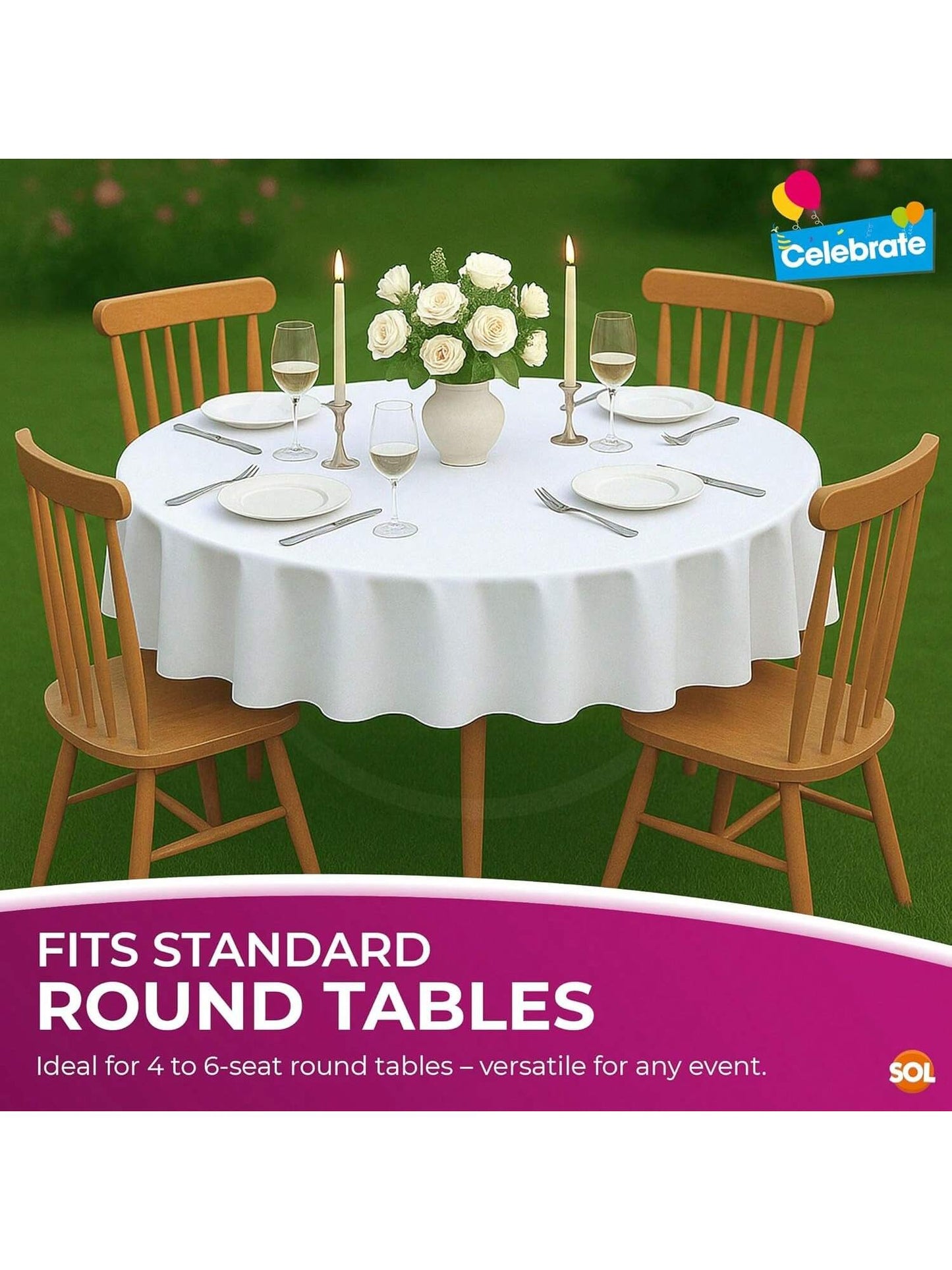SOL 6pk White Round Table Cloth Disposable 140cm Party Tablecloths For Circular Table Cover - Durable Spill Protection - Perfect For Weddings, Buffets, Catering, Restaurants & Outdoor Events