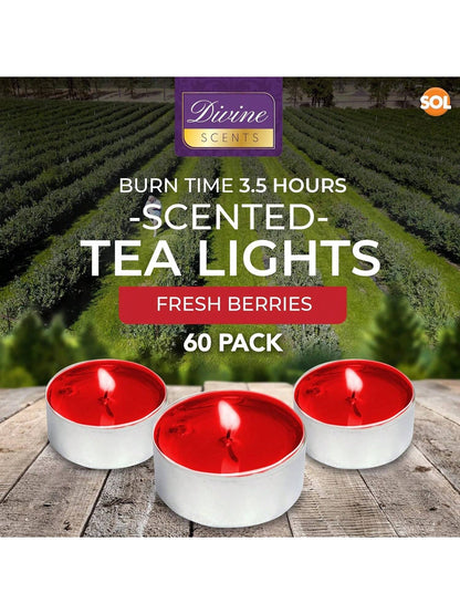 SOL 60pk Tea Light Candles Fresh Berries – 3.5 Hour Burn Time, Scented Tea Lights, Long-Lasting And Ideal For Home, Relaxation, Romantic Dinners, Weddings, Festive Decor, Cosy Evenings