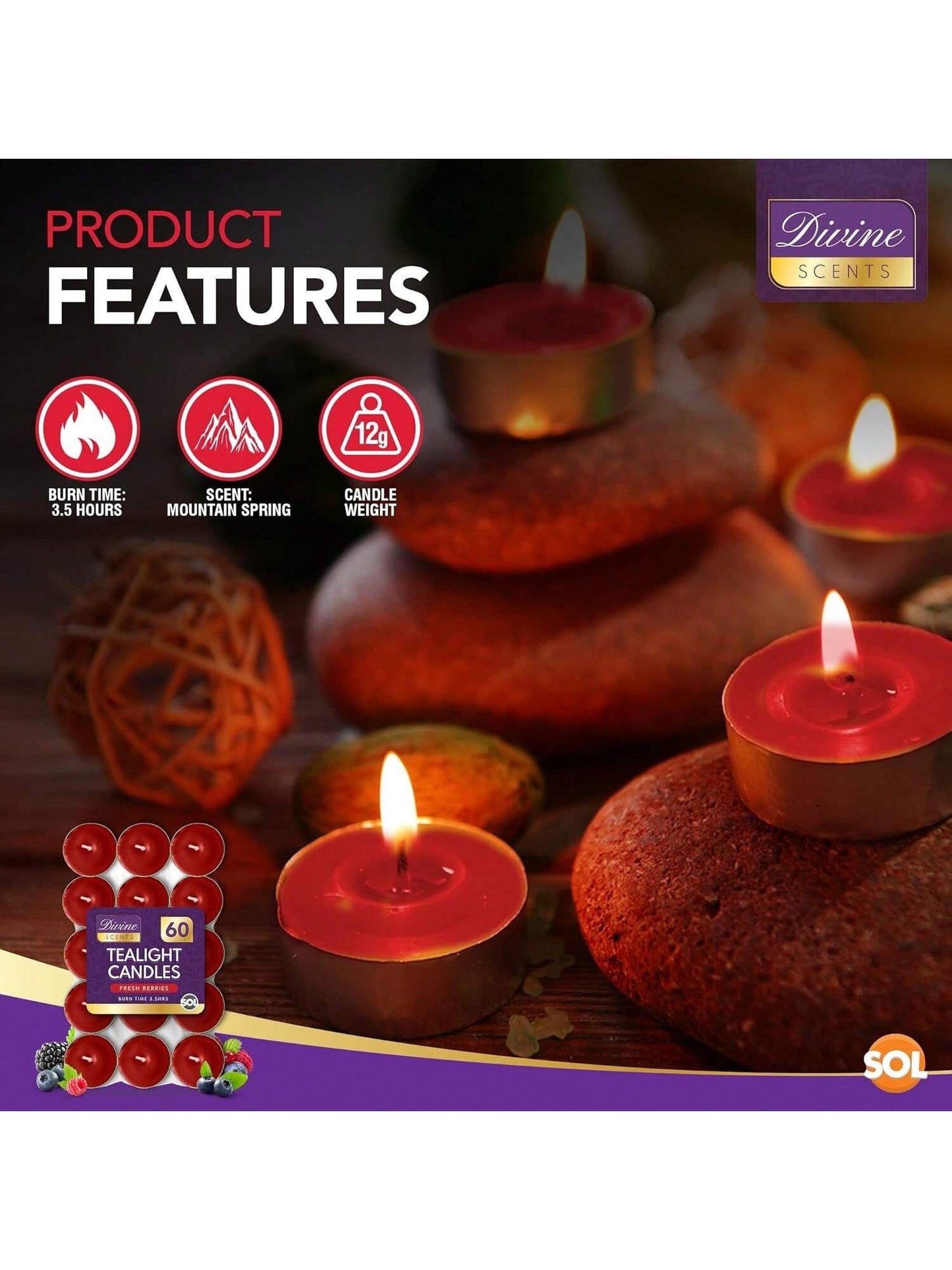 SOL 60pk Tea Light Candles Fresh Berries – 3.5 Hour Burn Time, Scented Tea Lights, Long-Lasting And Ideal For Home, Relaxation, Romantic Dinners, Weddings, Festive Decor, Cosy Evenings