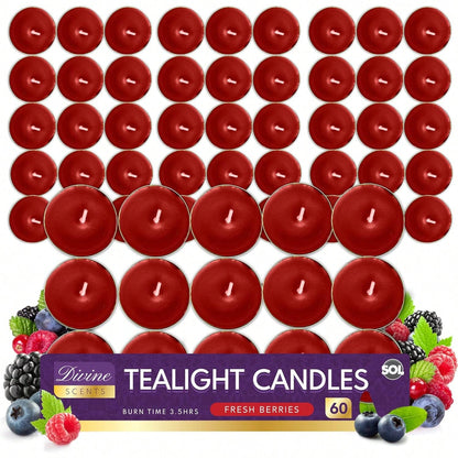 SOL 60pk Tea Light Candles Fresh Berries – 3.5 Hour Burn Time, Scented Tea Lights, Long-Lasting And Ideal For Home, Relaxation, Romantic Dinners, Weddings, Festive Decor, Cosy Evenings