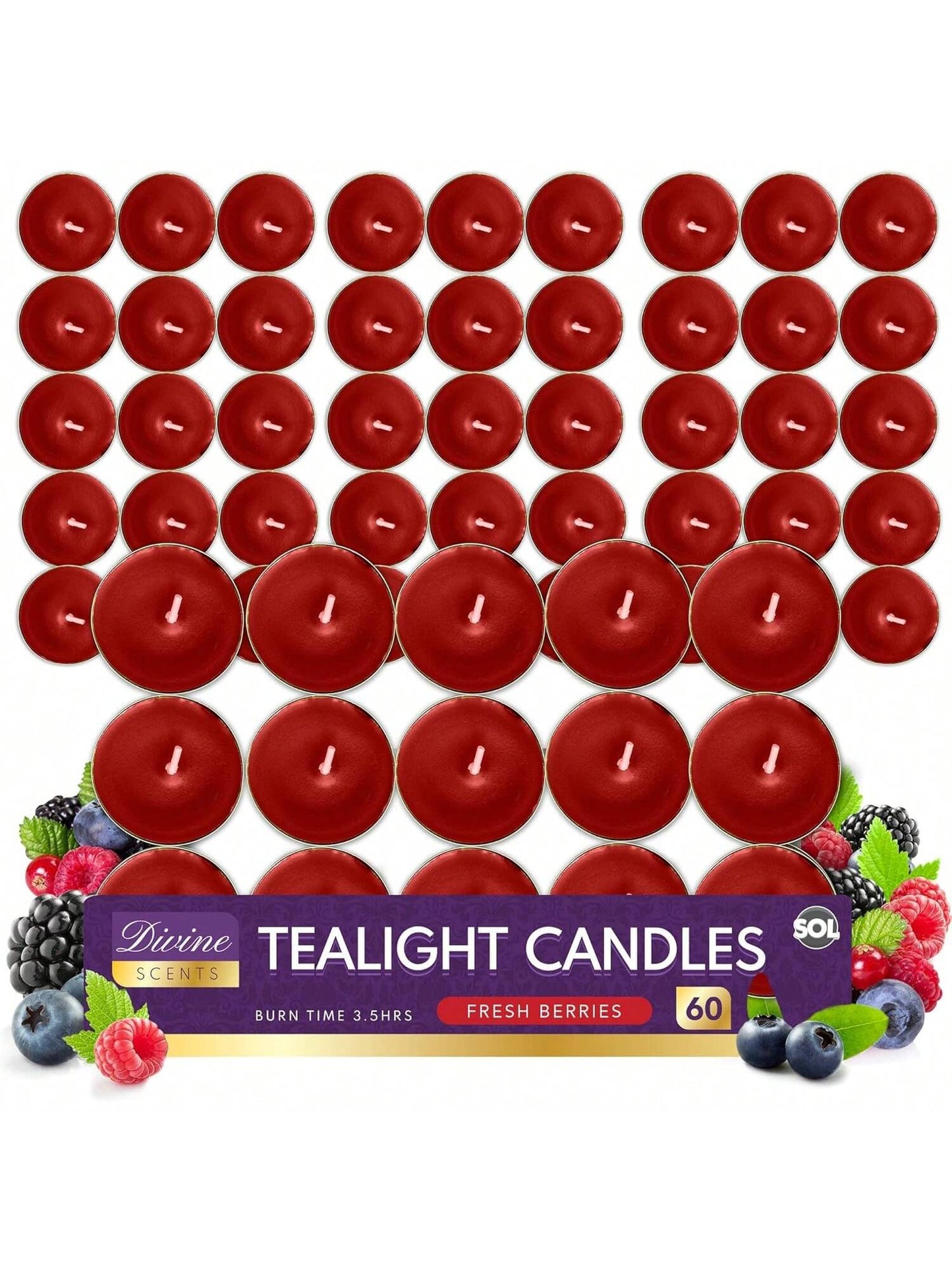 SOL 60pk Tea Light Candles Fresh Berries – 3.5 Hour Burn Time, Scented Tea Lights, Long-Lasting And Ideal For Home, Relaxation, Romantic Dinners, Weddings, Festive Decor, Cosy Evenings