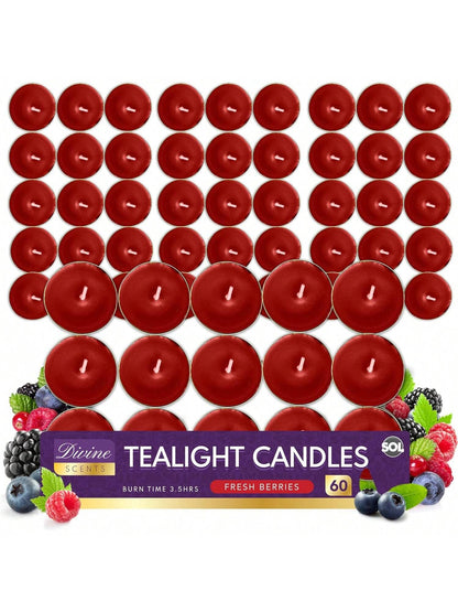 SOL 60pk Tea Light Candles Fresh Berries – 3.5 Hour Burn Time, Scented Tea Lights, Long-Lasting And Ideal For Home, Relaxation, Romantic Dinners, Weddings, Festive Decor, Cosy Evenings