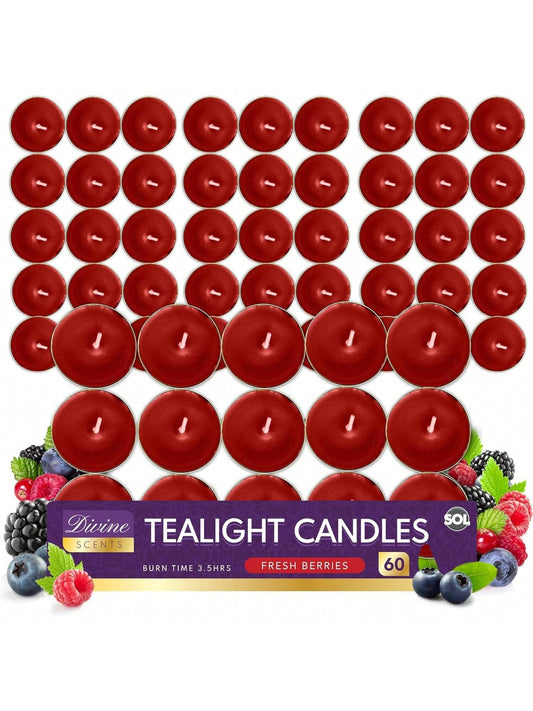 SOL 60pk Tea Light Candles Fresh Berries – 3.5 Hour Burn Time, Scented Tea Lights, Long-Lasting And Ideal For Home, Relaxation, Romantic Dinners, Weddings, Festive Decor, Cosy Evenings