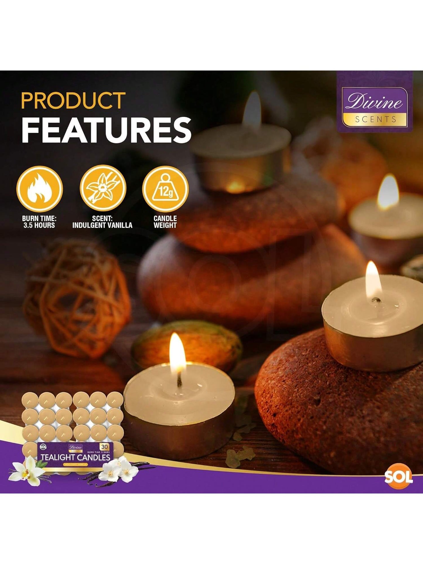 SOL 30pk Tea Light Candles Indulgent Vanilla – 3.5 Hour Burn Time, Scented Tea Lights Candles, Long-Lasting & Ideal Home Decor, Relaxation, Romantic Dinners, Weddings, Cosy Evenings & Special Occasion