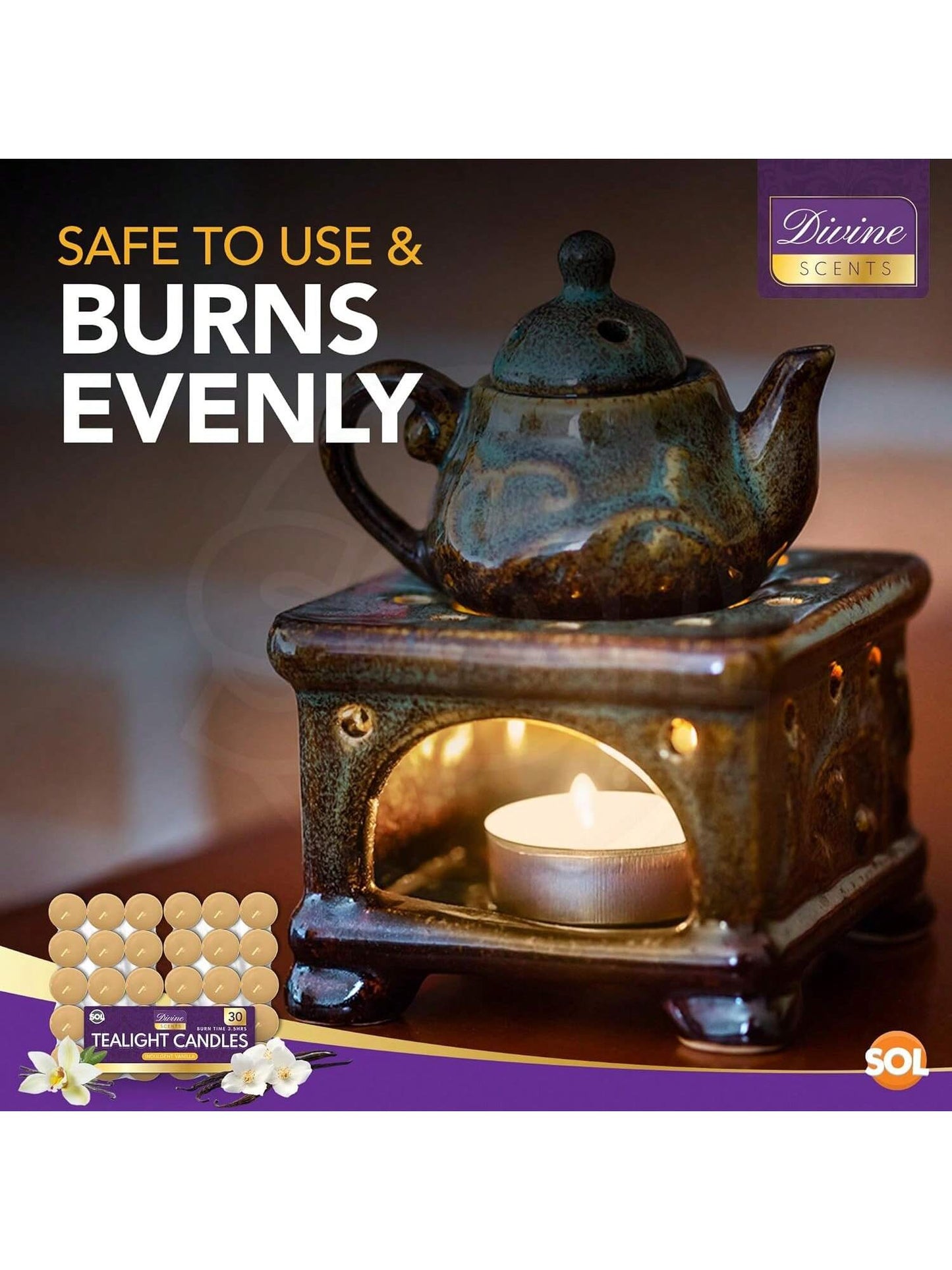 SOL 30pk Tea Light Candles Indulgent Vanilla – 3.5 Hour Burn Time, Scented Tea Lights Candles, Long-Lasting & Ideal Home Decor, Relaxation, Romantic Dinners, Weddings, Cosy Evenings & Special Occasion