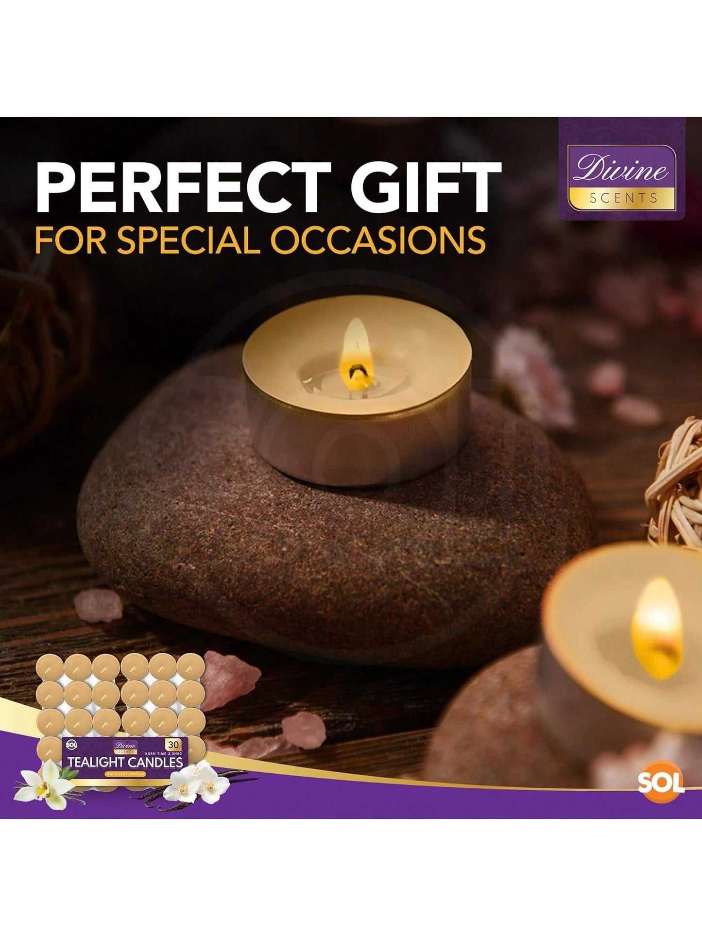 SOL 30pk Tea Light Candles Indulgent Vanilla – 3.5 Hour Burn Time, Scented Tea Lights Candles, Long-Lasting & Ideal Home Decor, Relaxation, Romantic Dinners, Weddings, Cosy Evenings & Special Occasion