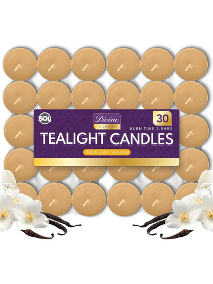 SOL 30pk Tea Light Candles Indulgent Vanilla – 3.5 Hour Burn Time, Scented Tea Lights Candles, Long-Lasting & Ideal Home Decor, Relaxation, Romantic Dinners, Weddings, Cosy Evenings & Special Occasion