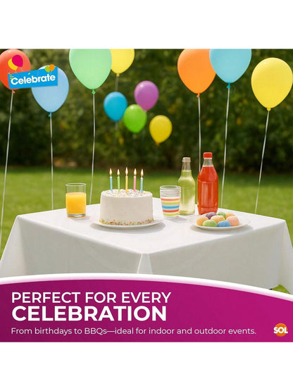 SOL 3pk White Table Cloth Party 121x121cm Plastic Cover Tablecloth Disposable For Parties - Heavy Duty Spill Protection - Opaque Design For Weddings, Buffets, Catering, Gender Reveals & Events