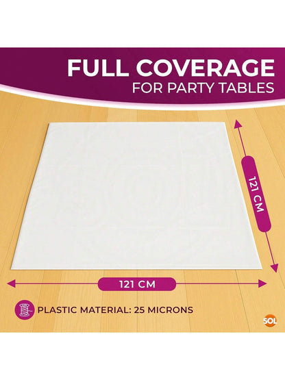 SOL 3pk White Table Cloth Party 121x121cm Plastic Cover Tablecloth Disposable For Parties - Heavy Duty Spill Protection - Opaque Design For Weddings, Buffets, Catering, Gender Reveals & Events
