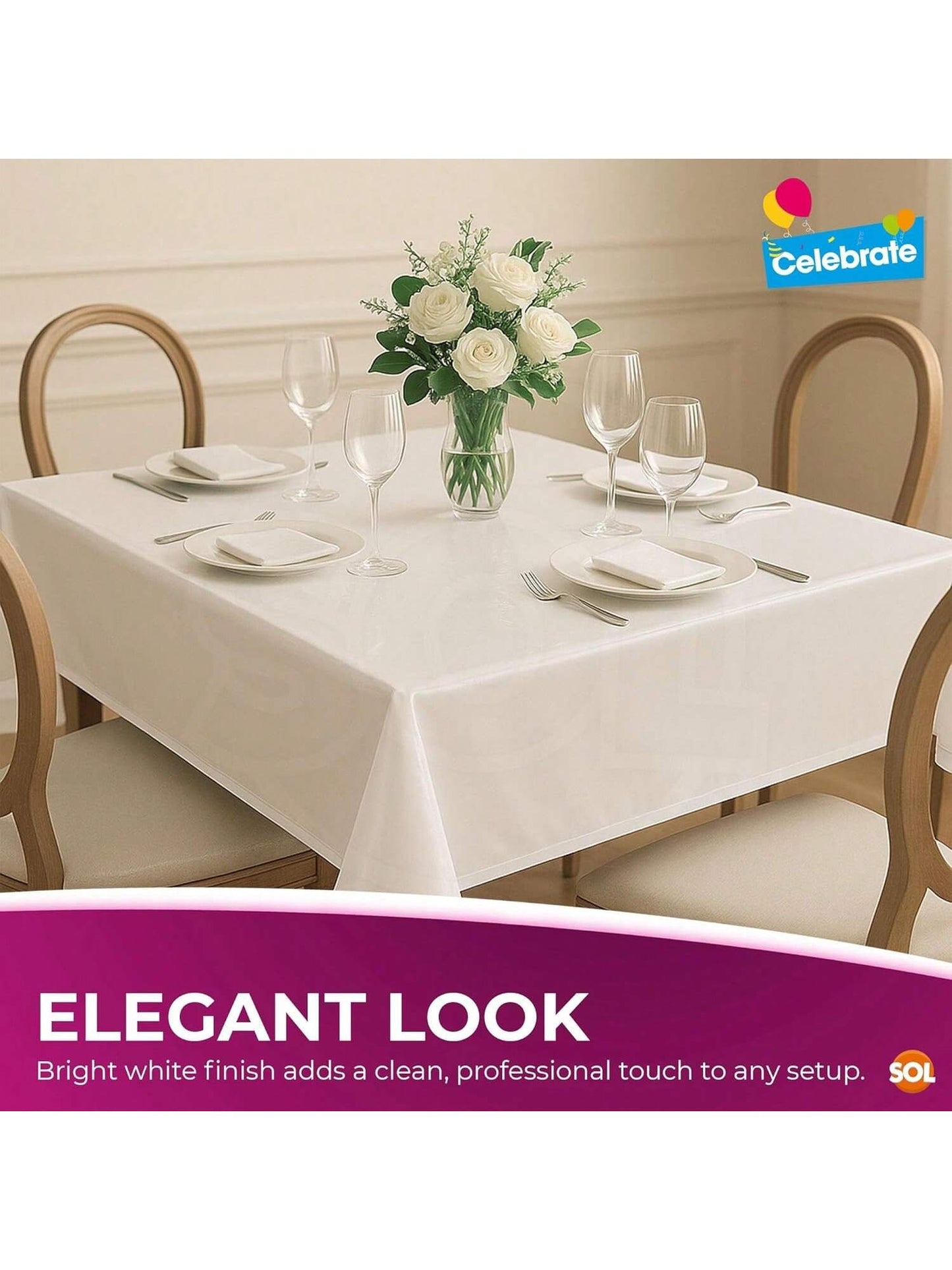 SOL 3pk White Table Cloth Party 121x121cm Plastic Cover Tablecloth Disposable For Parties - Heavy Duty Spill Protection - Opaque Design For Weddings, Buffets, Catering, Gender Reveals & Events