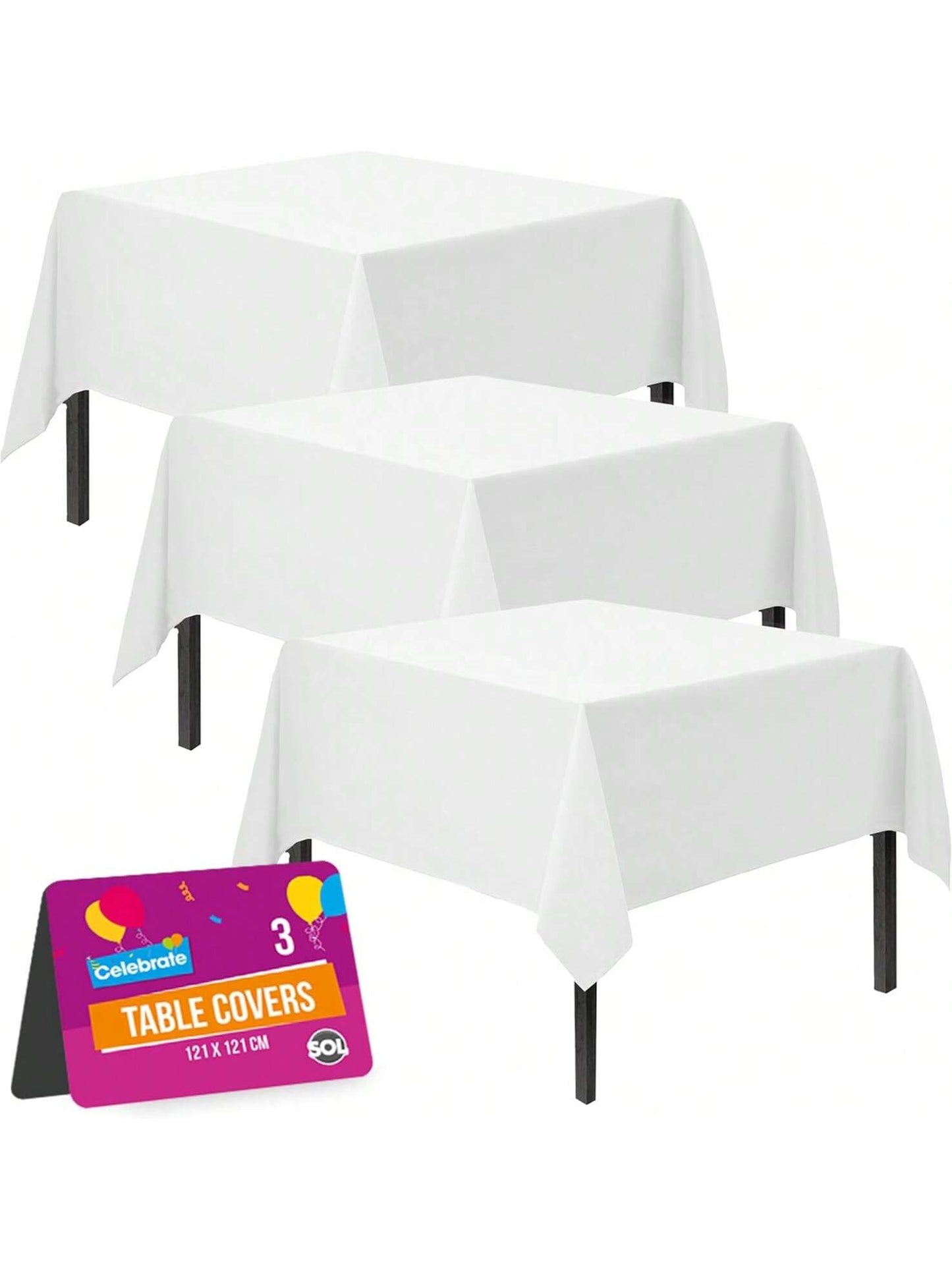 SOL 3pk White Table Cloth Party 121x121cm Plastic Cover Tablecloth Disposable For Parties - Heavy Duty Spill Protection - Opaque Design For Weddings, Buffets, Catering, Gender Reveals & Events
