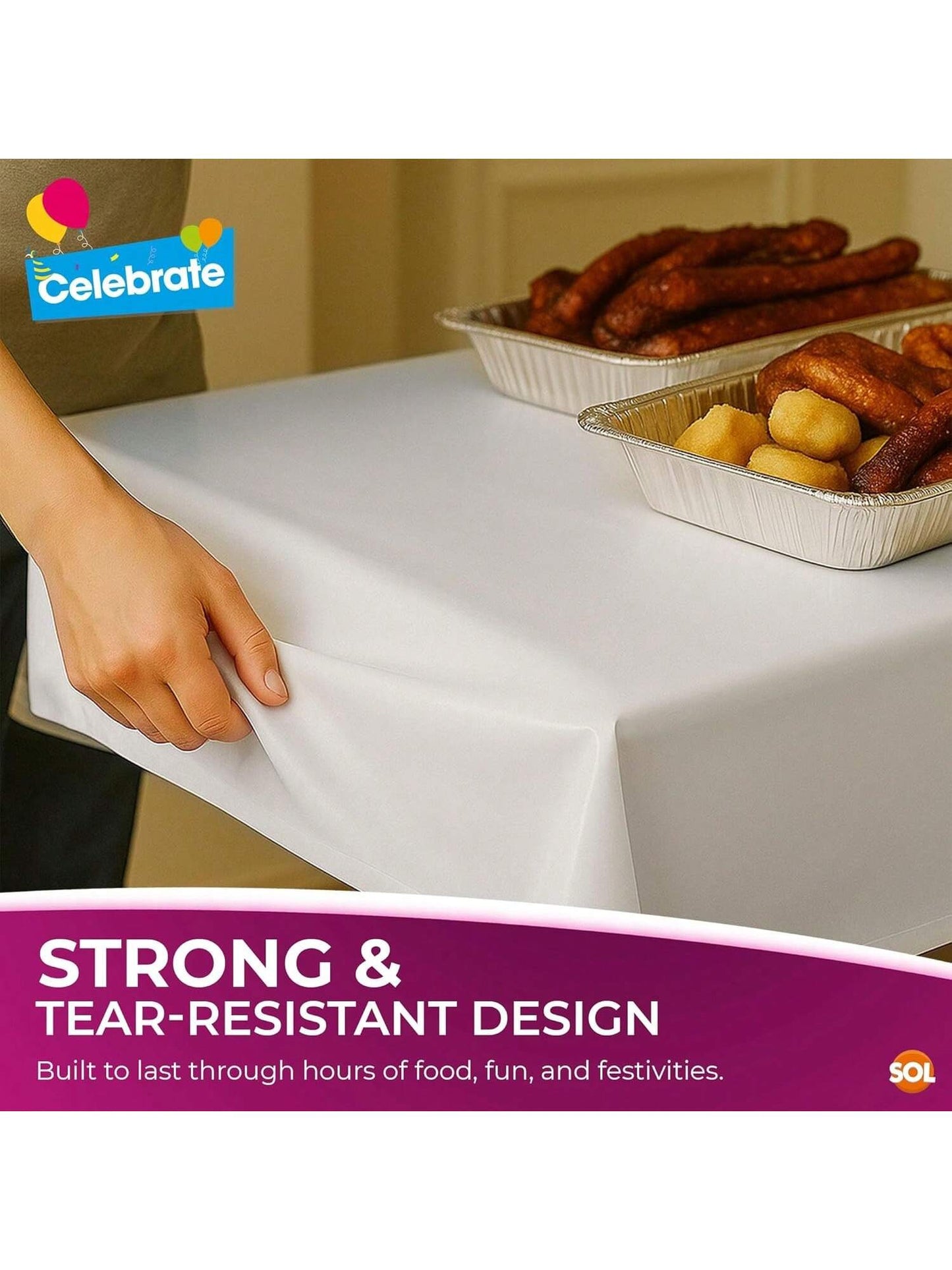 SOL 3pk White Table Cloth Party 121x121cm Plastic Cover Tablecloth Disposable For Parties - Heavy Duty Spill Protection - Opaque Design For Weddings, Buffets, Catering, Gender Reveals & Events