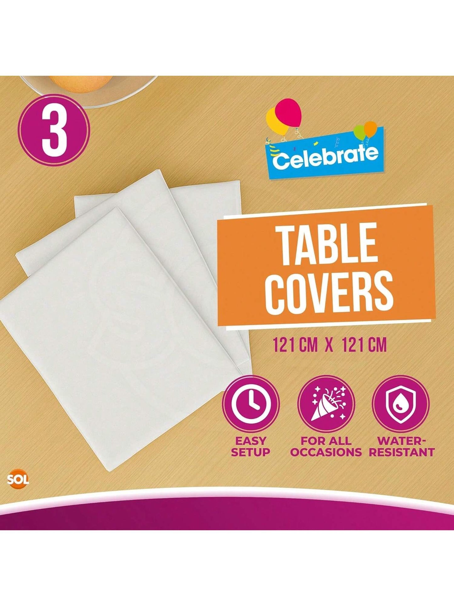 SOL 3pk White Table Cloth Party 121x121cm Plastic Cover Tablecloth Disposable For Parties - Heavy Duty Spill Protection - Opaque Design For Weddings, Buffets, Catering, Gender Reveals & Events