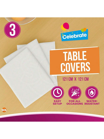 SOL 3pk White Table Cloth Party 121x121cm Plastic Cover Tablecloth Disposable For Parties - Heavy Duty Spill Protection - Opaque Design For Weddings, Buffets, Catering, Gender Reveals & Events