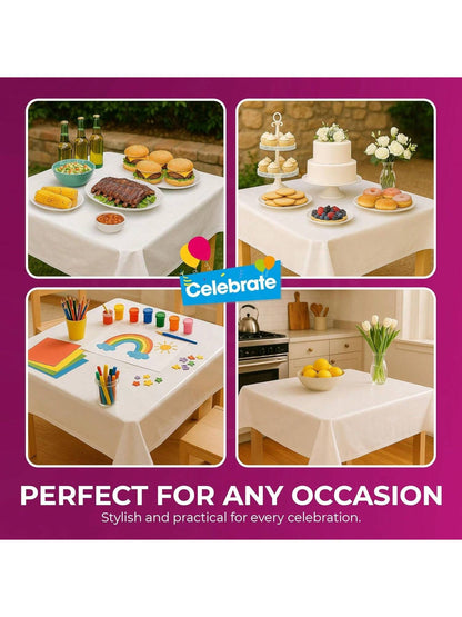 SOL 3pk White Table Cloth Party 121x121cm Plastic Cover Tablecloth Disposable For Parties - Heavy Duty Spill Protection - Opaque Design For Weddings, Buffets, Catering, Gender Reveals & Events