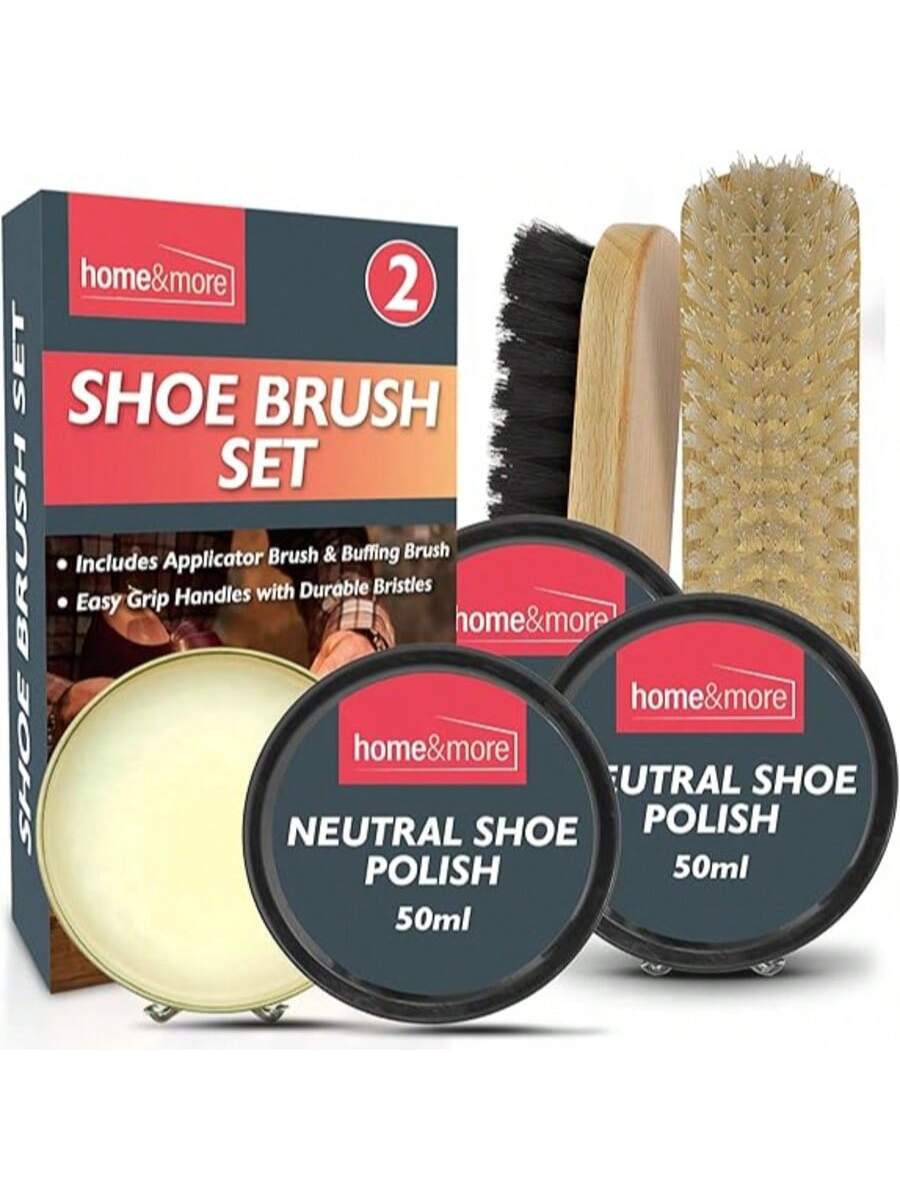 SOL 2pk Shoe Brush Set & 3 Neutral Shoe Polish – Leather Boot Polish Kit – Includes Soft & Stiff Brushes, 3 Wax Tins For Leather Shoe Care, Cleaning, Conditioning, Shine & Scuff Protection
