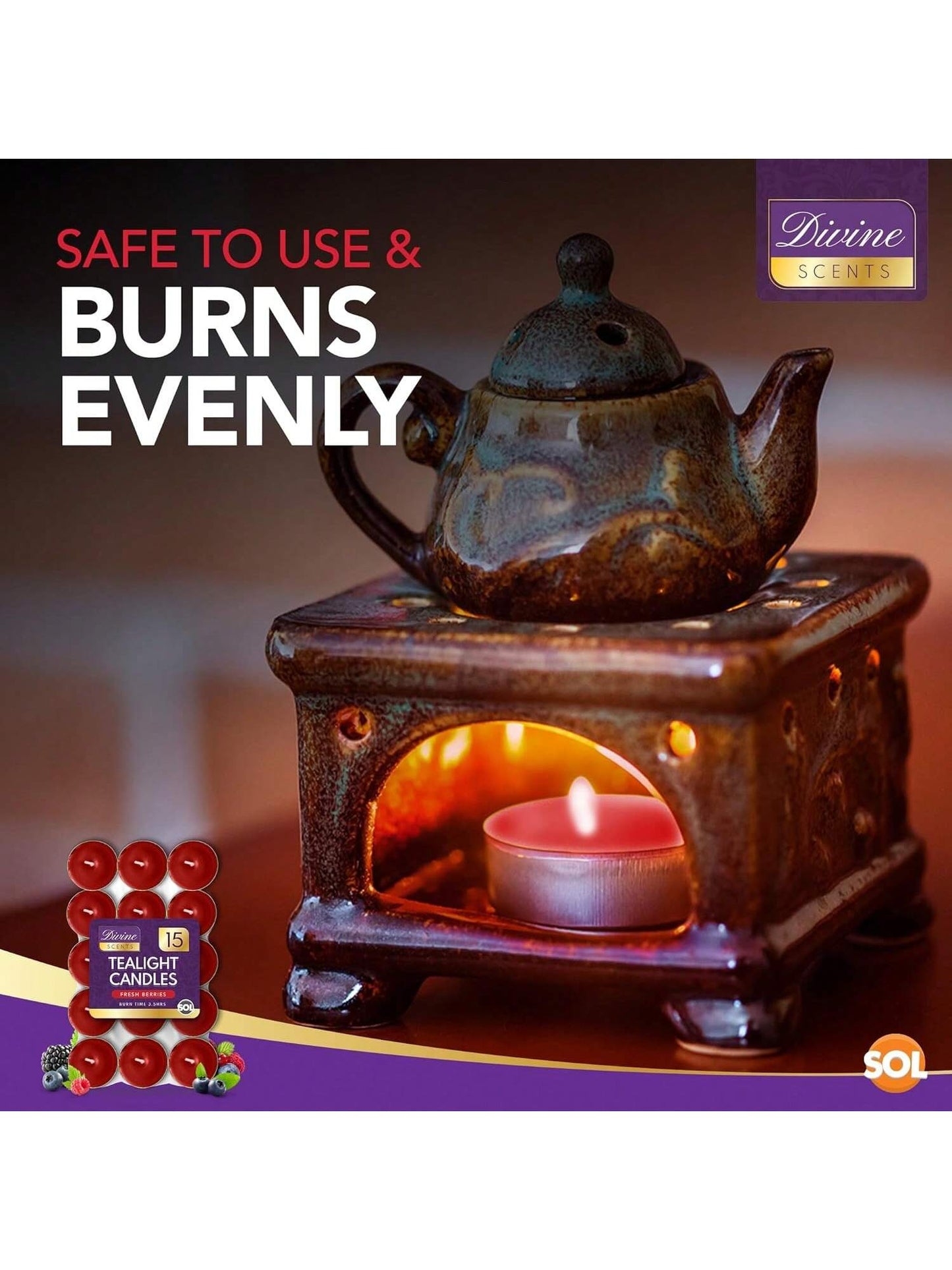 SOL 15pk Tea Light Candles Fresh Berries – 3.5 Hour Burn Time, Scented Tea Lights, Long-Lasting And Ideal For Home, Relaxation, Romantic Dinners, Weddings, Festive Decor, Cosy Evenings