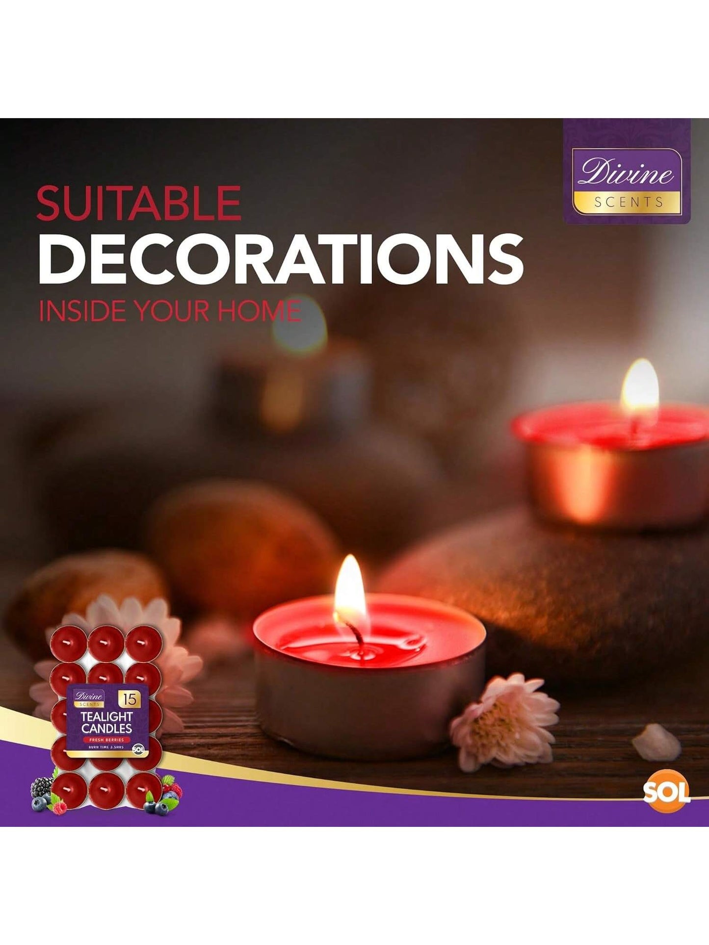 SOL 15pk Tea Light Candles Fresh Berries – 3.5 Hour Burn Time, Scented Tea Lights, Long-Lasting And Ideal For Home, Relaxation, Romantic Dinners, Weddings, Festive Decor, Cosy Evenings