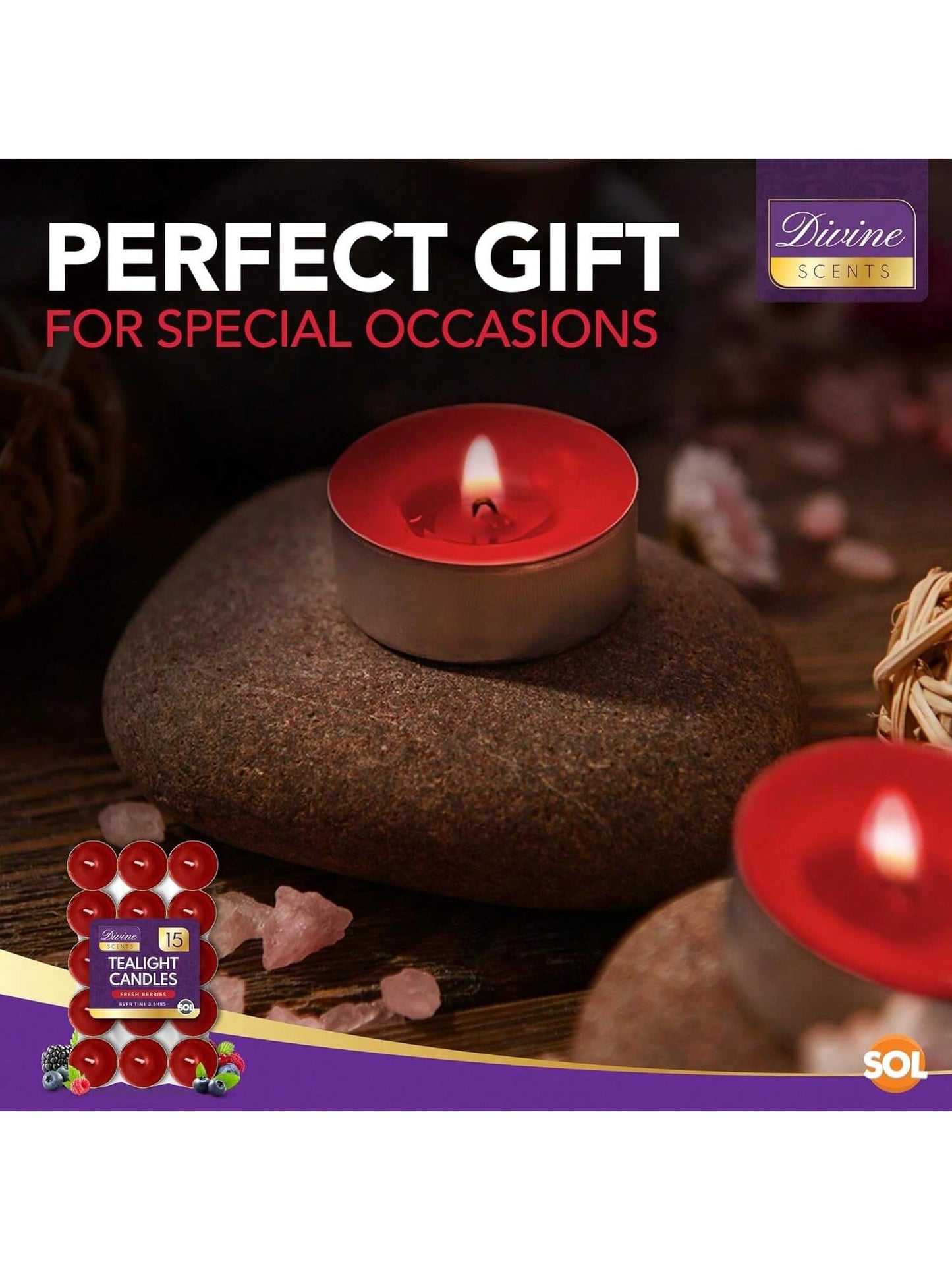 SOL 15pk Tea Light Candles Fresh Berries – 3.5 Hour Burn Time, Scented Tea Lights, Long-Lasting And Ideal For Home, Relaxation, Romantic Dinners, Weddings, Festive Decor, Cosy Evenings