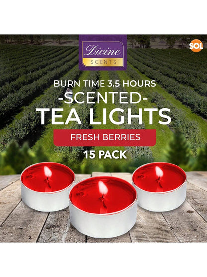SOL 15pk Tea Light Candles Fresh Berries – 3.5 Hour Burn Time, Scented Tea Lights, Long-Lasting And Ideal For Home, Relaxation, Romantic Dinners, Weddings, Festive Decor, Cosy Evenings