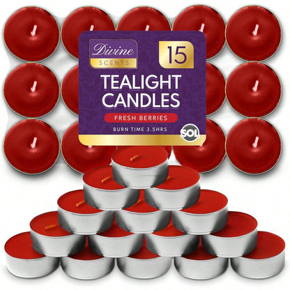 SOL 15pk Tea Light Candles Fresh Berries – 3.5 Hour Burn Time, Scented Tea Lights, Long-Lasting And Ideal For Home, Relaxation, Romantic Dinners, Weddings, Festive Decor, Cosy Evenings