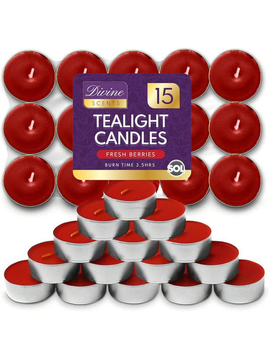 SOL 15pk Tea Light Candles Fresh Berries – 3.5 Hour Burn Time, Scented Tea Lights, Long-Lasting And Ideal For Home, Relaxation, Romantic Dinners, Weddings, Festive Decor, Cosy Evenings