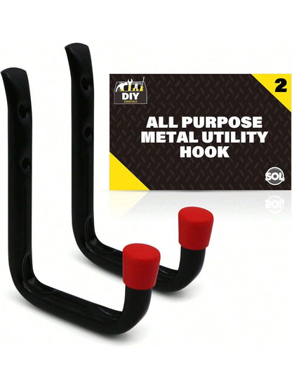 SOL 2pk All Purpose Metal Utility Hook – Heavy-Duty Wall-Mounted Hooks For Secure Storage – Ideal For Hanging Garden Tools, Bicycles, Ladders & DIY Equipment In Sheds, Garages & Workshops