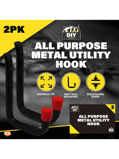 SOL 2pk All Purpose Metal Utility Hook – Heavy-Duty Wall-Mounted Hooks For Secure Storage – Ideal For Hanging Garden Tools, Bicycles, Ladders & DIY Equipment In Sheds, Garages & Workshops