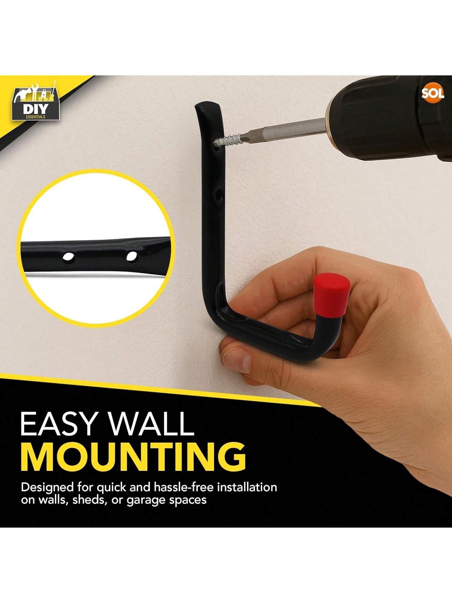 SOL 2pk All Purpose Metal Utility Hook – Heavy-Duty Wall-Mounted Hooks For Secure Storage – Ideal For Hanging Garden Tools, Bicycles, Ladders & DIY Equipment In Sheds, Garages & Workshops