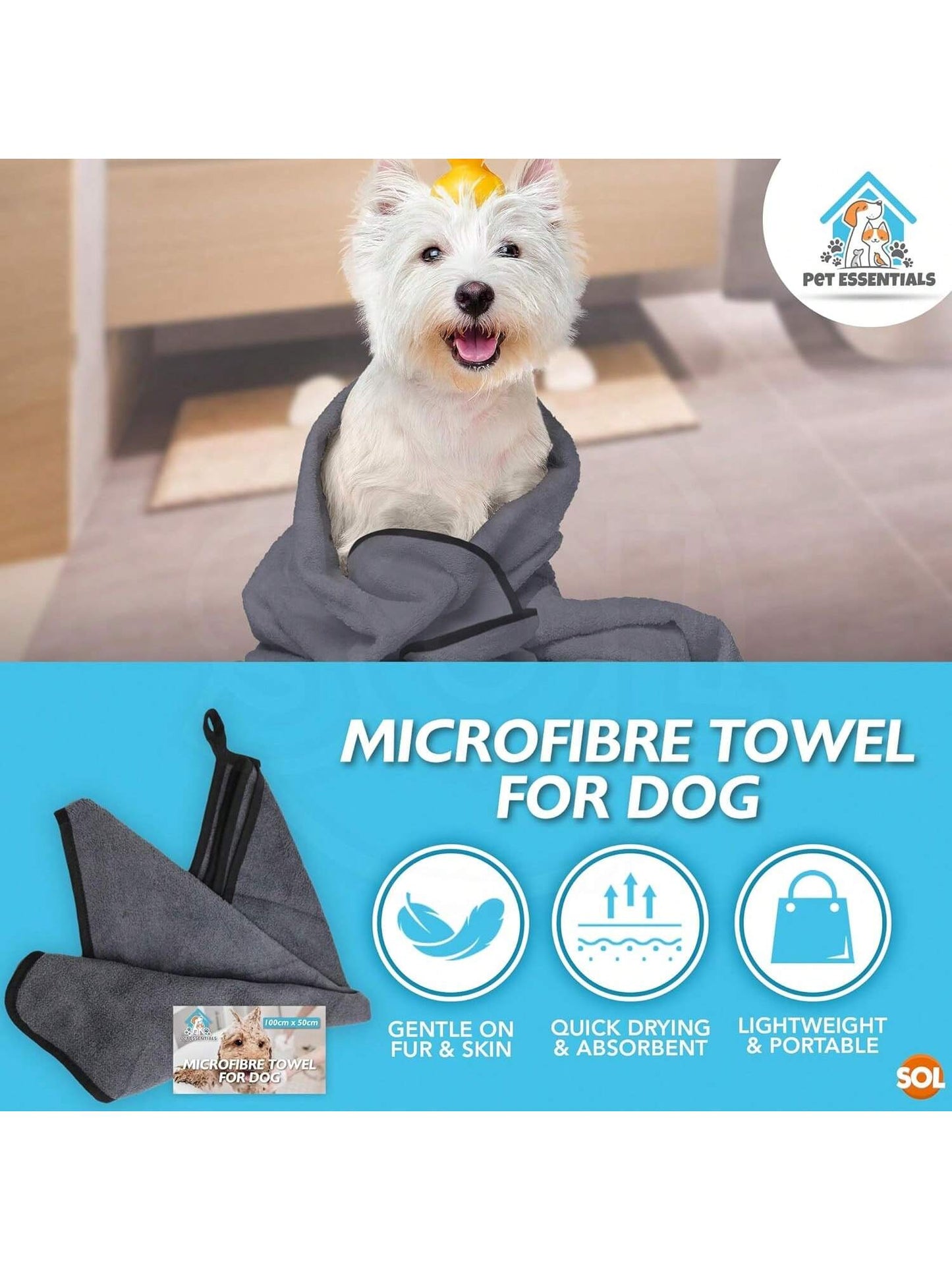SOL Microfibre Towel For Dog, 100cmx50cm Dog Towel For Drying Dogs, Quick Dry Absorbent Pet Towels, Soft, Lightweight Pet Fabric For Drying Dogs, Puppies & Cats, Ideal For Indoor, Outdoor & Travel Use