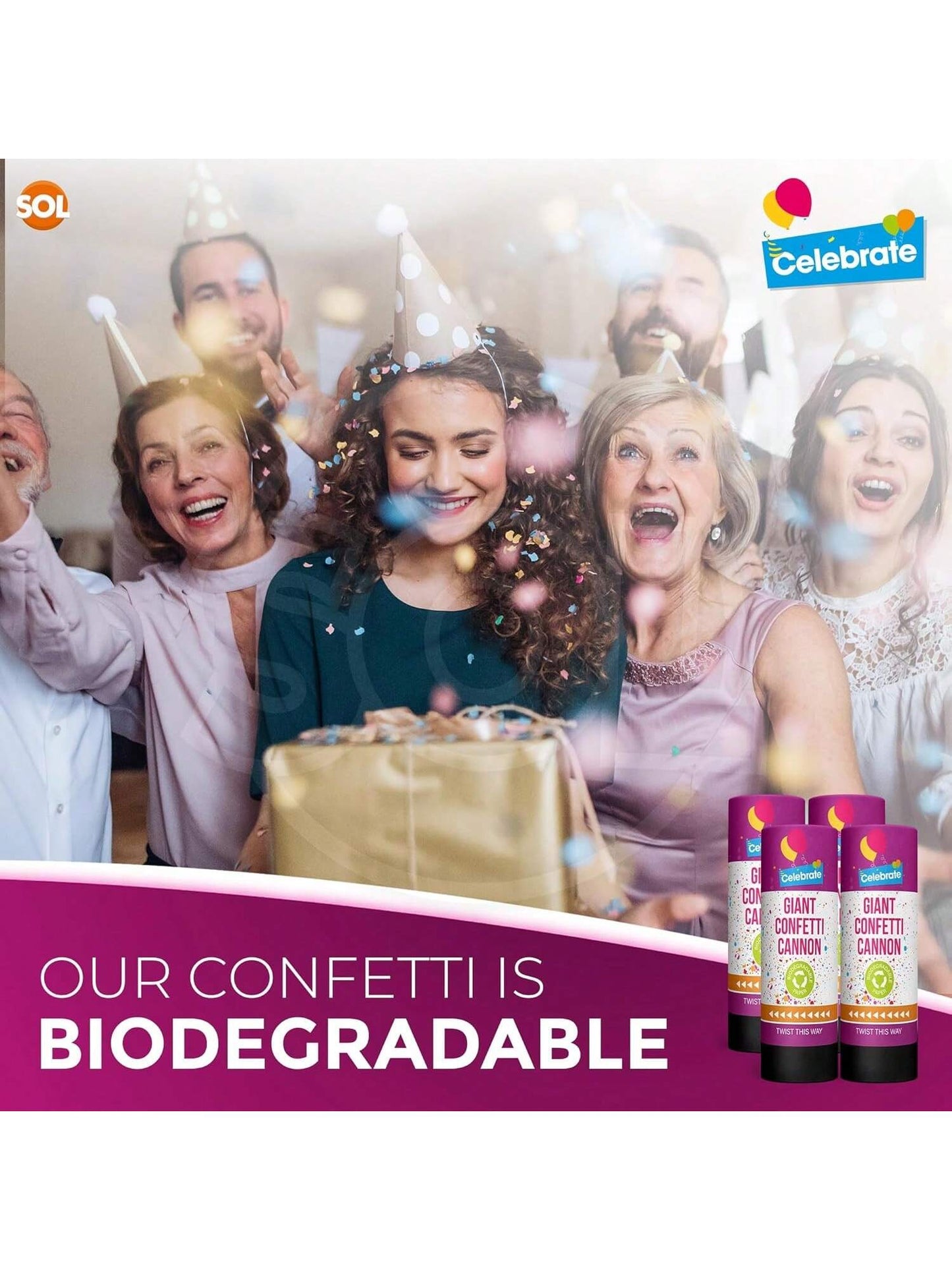 SOL 4pk Confetti Cannons Large - Giant Party Poppers Paper Cannon - Multicolour Papers Mix For Weddings, Birthdays, New Year's Eve, And Celebrations - Easy To Use, Perfect For Photos And Videos