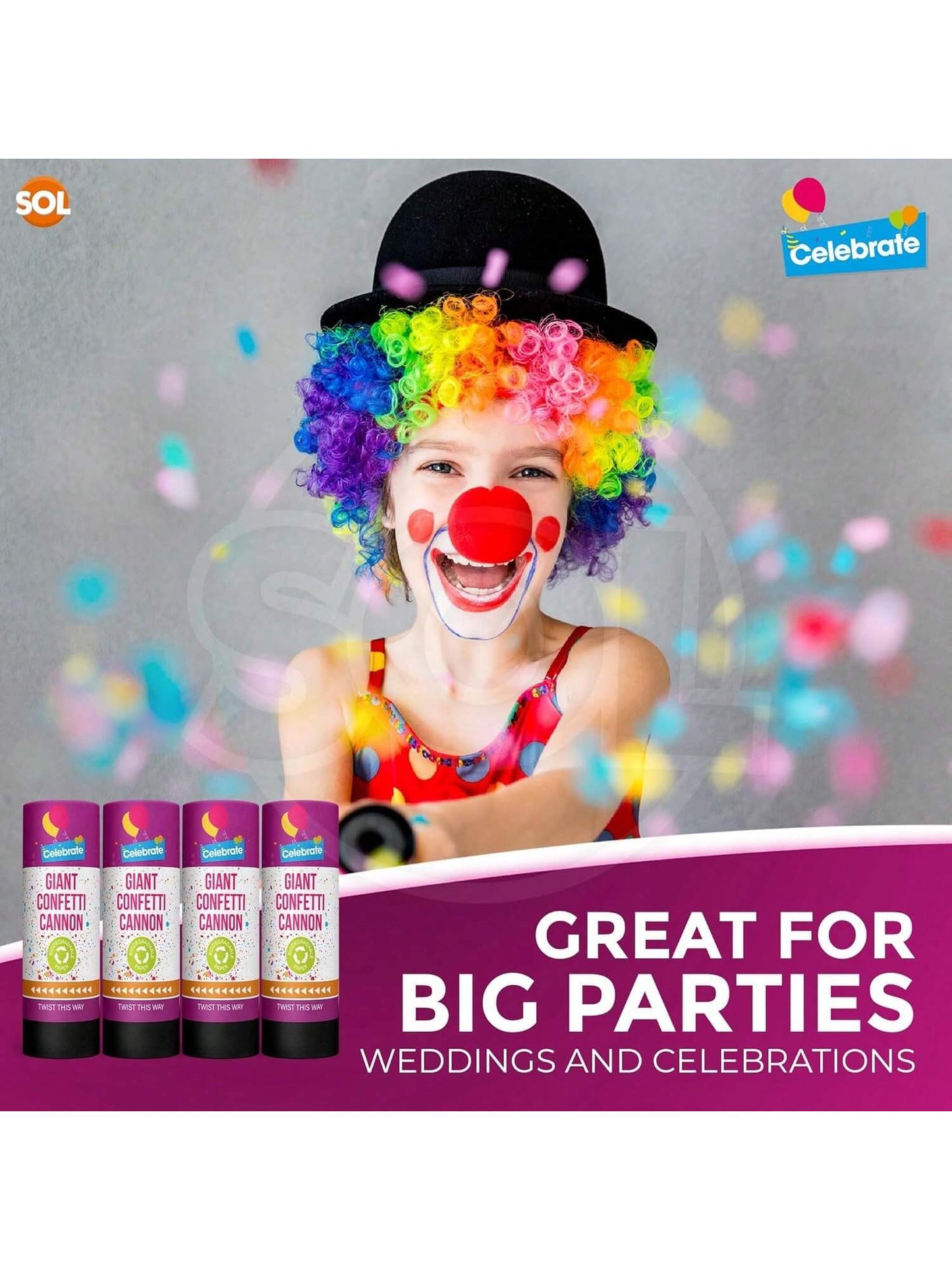 SOL 4pk Confetti Cannons Large - Giant Party Poppers Paper Cannon - Multicolour Papers Mix For Weddings, Birthdays, New Year's Eve, And Celebrations - Easy To Use, Perfect For Photos And Videos