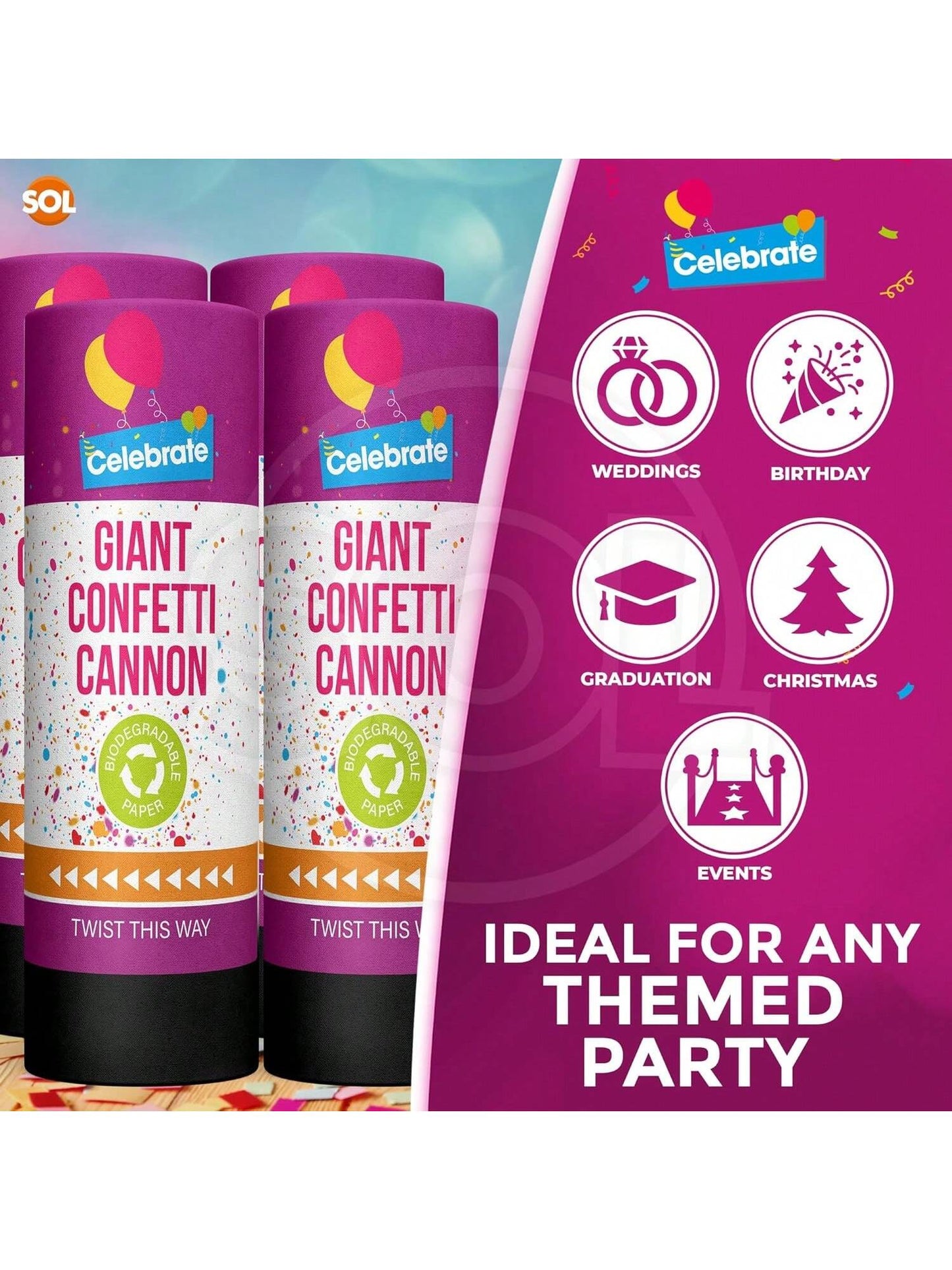 SOL 4pk Confetti Cannons Large - Giant Party Poppers Paper Cannon - Multicolour Papers Mix For Weddings, Birthdays, New Year's Eve, And Celebrations - Easy To Use, Perfect For Photos And Videos