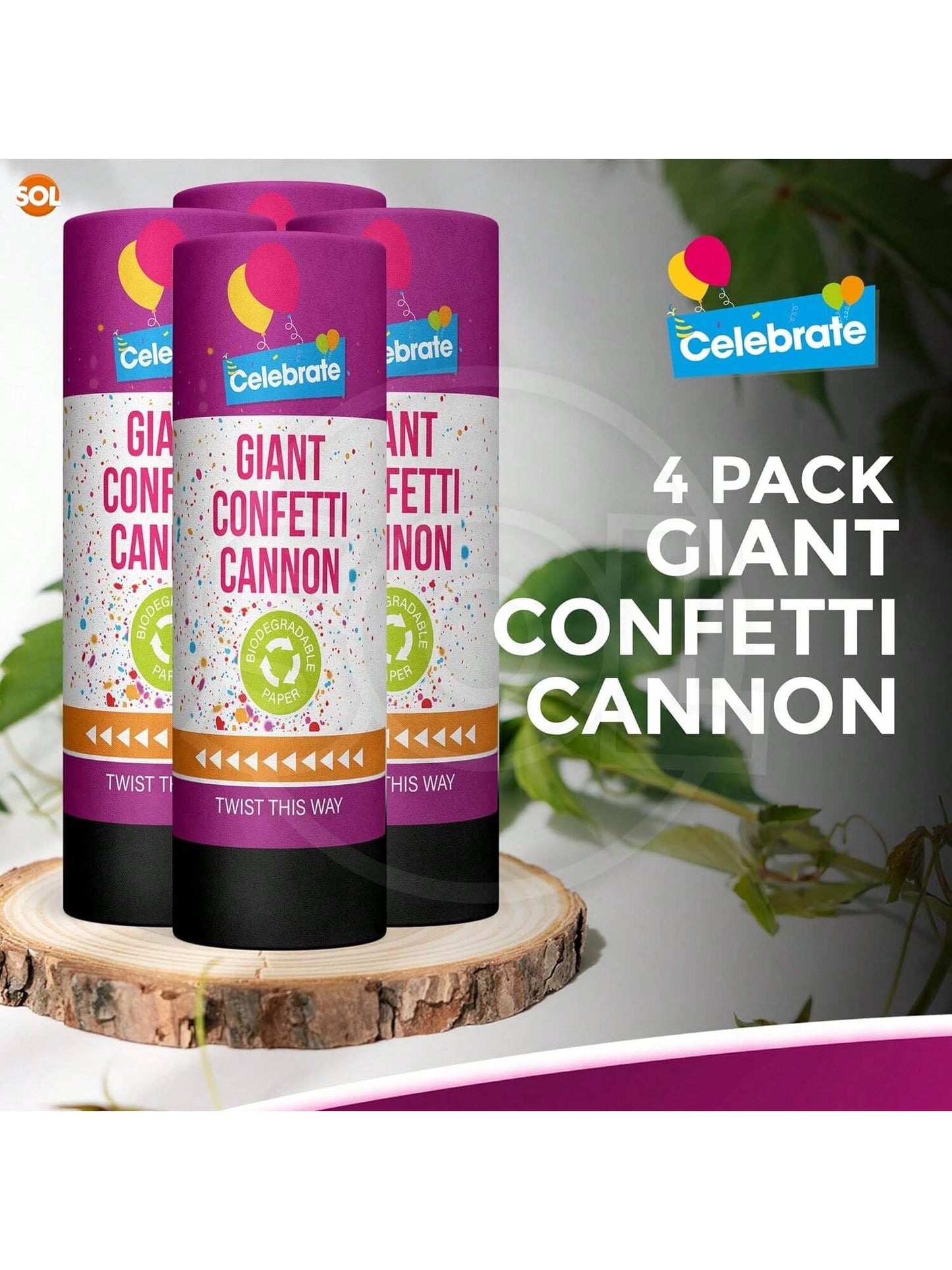 SOL 4pk Confetti Cannons Large - Giant Party Poppers Paper Cannon - Multicolour Papers Mix For Weddings, Birthdays, New Year's Eve, And Celebrations - Easy To Use, Perfect For Photos And Videos