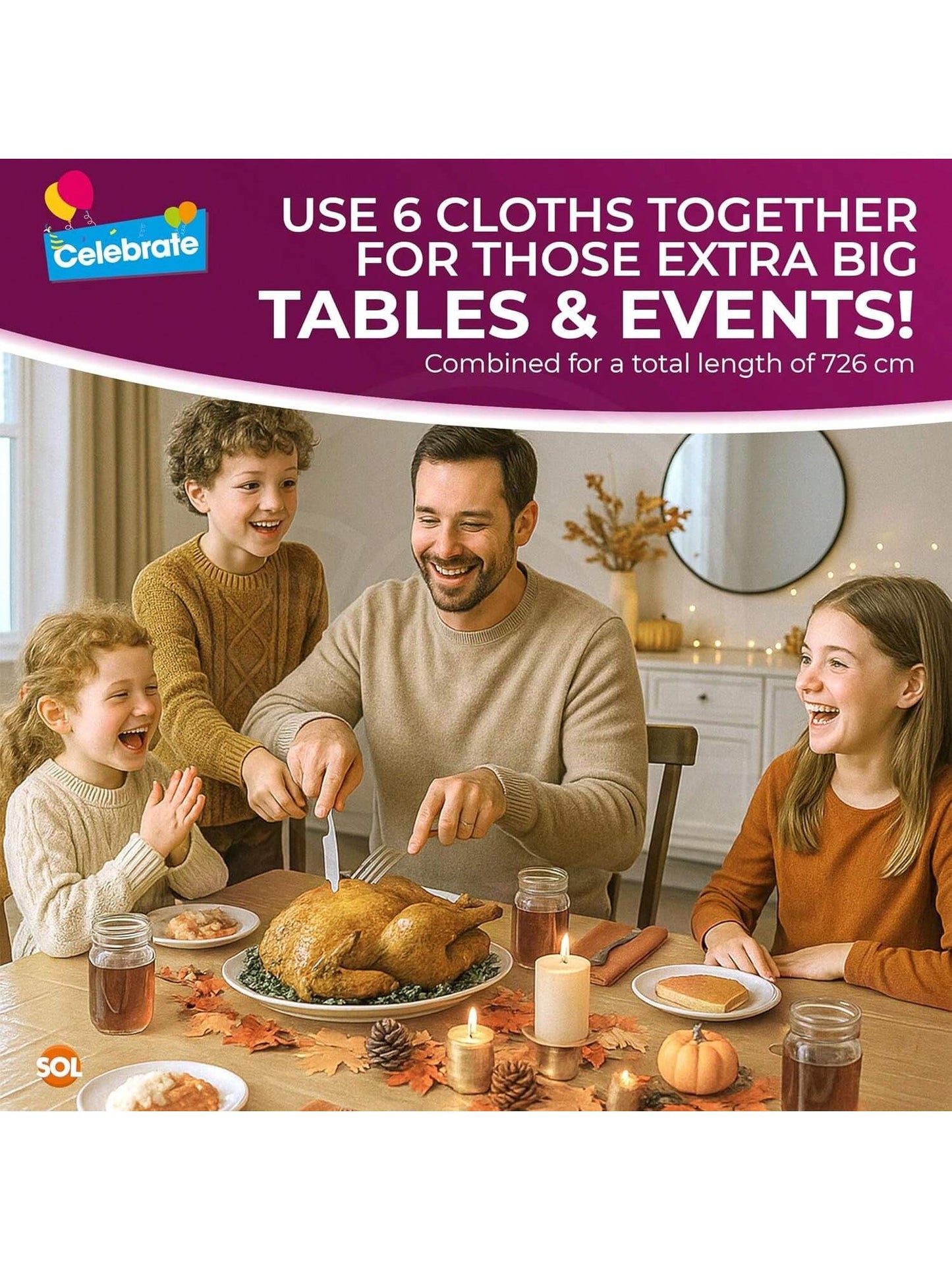 SOL 6pk Gold Table Cover 121x121cm Party Table Cloth Plastic Disposable Tablecloths For Parties - Elegant Durable Design - Perfect For Weddings, Birthdays, Buffets, Indoor & Outdoor Events