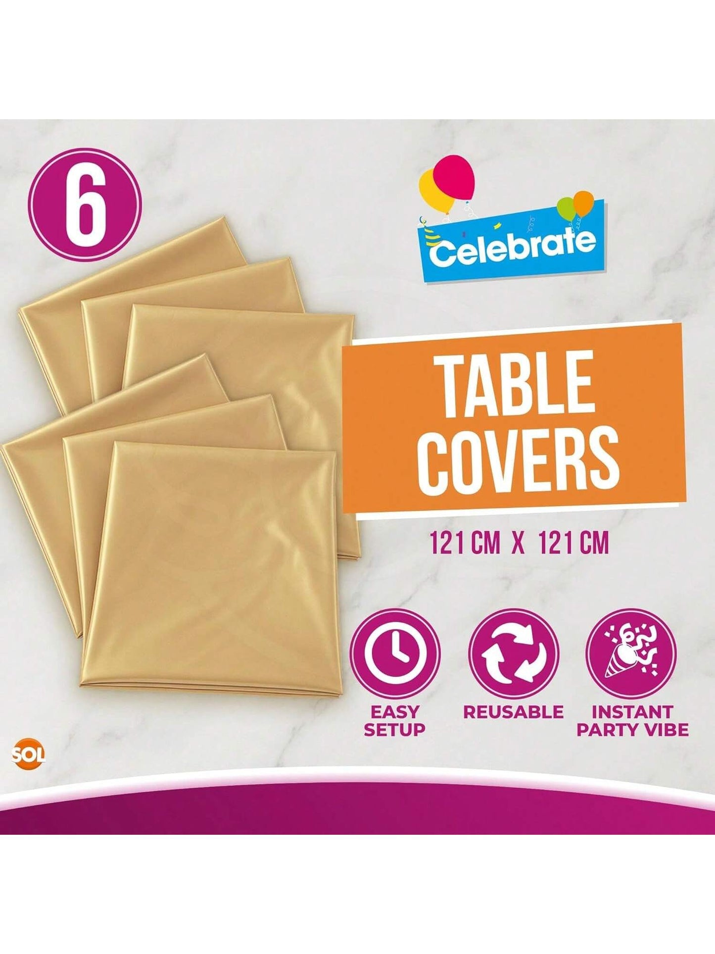 SOL 6pk Gold Table Cover 121x121cm Party Table Cloth Plastic Disposable Tablecloths For Parties - Elegant Durable Design - Perfect For Weddings, Birthdays, Buffets, Indoor & Outdoor Events