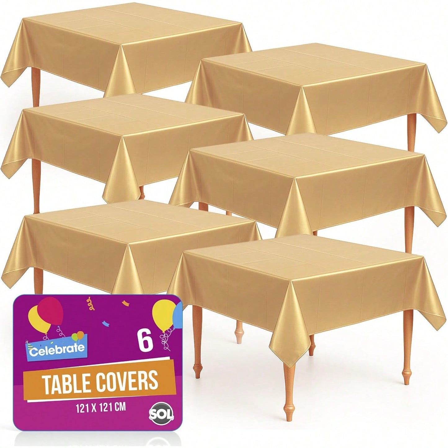 SOL 6pk Gold Table Cover 121x121cm Party Table Cloth Plastic Disposable Tablecloths For Parties - Elegant Durable Design - Perfect For Weddings, Birthdays, Buffets, Indoor & Outdoor Events