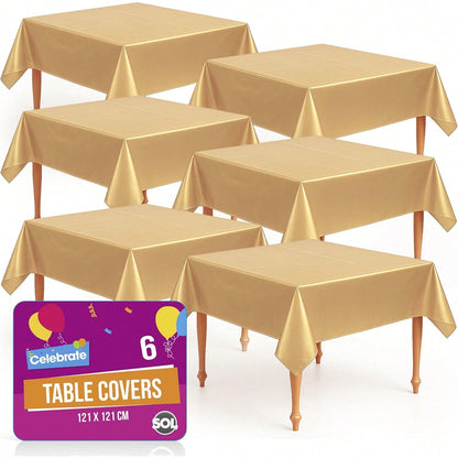 SOL 6pk Gold Table Cover 121x121cm Party Table Cloth Plastic Disposable Tablecloths For Parties - Elegant Durable Design - Perfect For Weddings, Birthdays, Buffets, Indoor & Outdoor Events