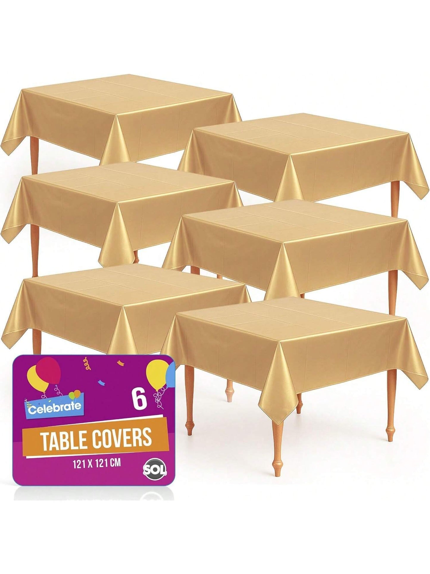 SOL 6pk Gold Table Cover 121x121cm Party Table Cloth Plastic Disposable Tablecloths For Parties - Elegant Durable Design - Perfect For Weddings, Birthdays, Buffets, Indoor & Outdoor Events