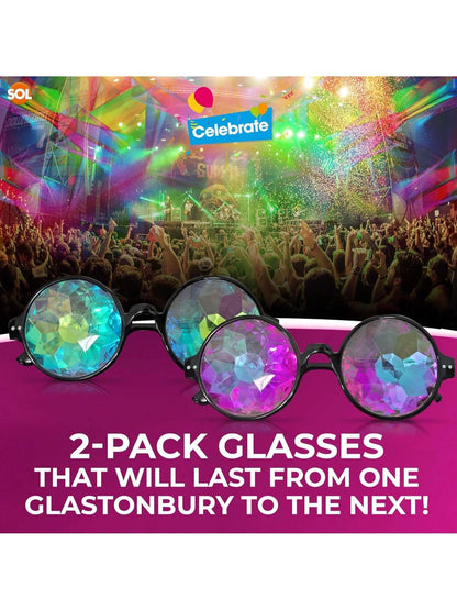 SOL 2pk Kaleidoscope Glasses For Rave Party Festivals. Durable Lenses For Funk Nights, Cosplay, Disco, Retro, Costumes, Light Shows, EDM, Carnivals & Street Events. Rainbow Prism Diffraction Goggles.