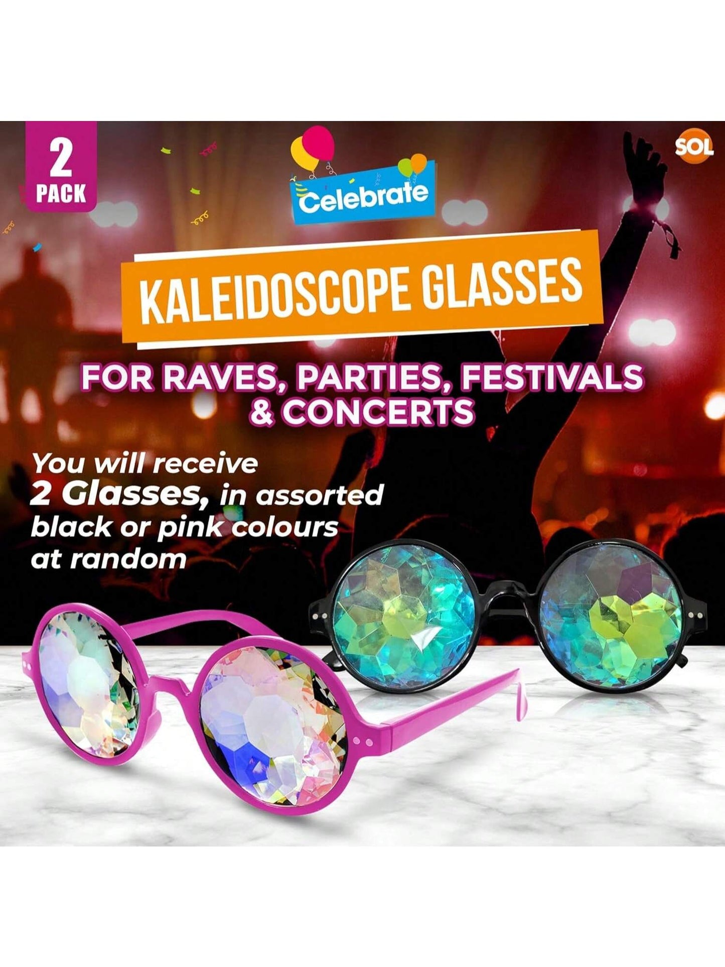 SOL 2pk Kaleidoscope Glasses For Rave Party Festivals. Durable Lenses For Funk Nights, Cosplay, Disco, Retro, Costumes, Light Shows, EDM, Carnivals & Street Events. Rainbow Prism Diffraction Goggles.