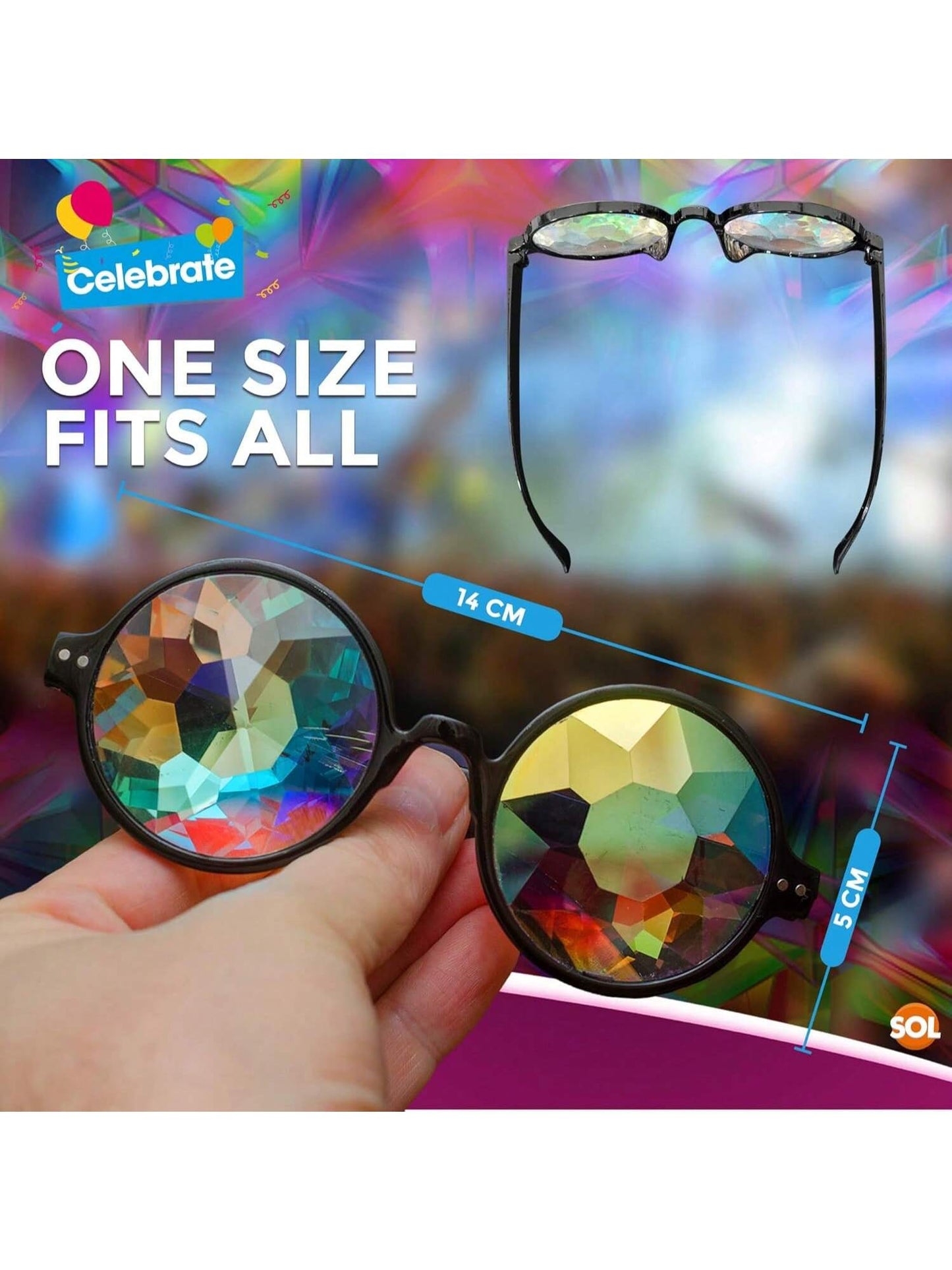 SOL 2pk Kaleidoscope Glasses For Rave Party Festivals. Durable Lenses For Funk Nights, Cosplay, Disco, Retro, Costumes, Light Shows, EDM, Carnivals & Street Events. Rainbow Prism Diffraction Goggles.